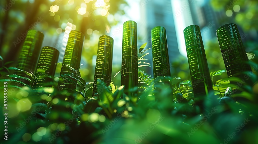 Bar charts with green color going up and down for positive Eco-investing stock market or green investment banking charts Bar charts with green color going up and down for positive Eco-investing stock market or green investment banking charts