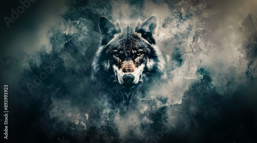 Dramatic and Powerful Depiction of a Fierce Wolf Animal Navigating Through a Moody Atmospheric Landscape with Stormy Clouds Fog and Mist in the Background  A Striking and Captivating Wildlife