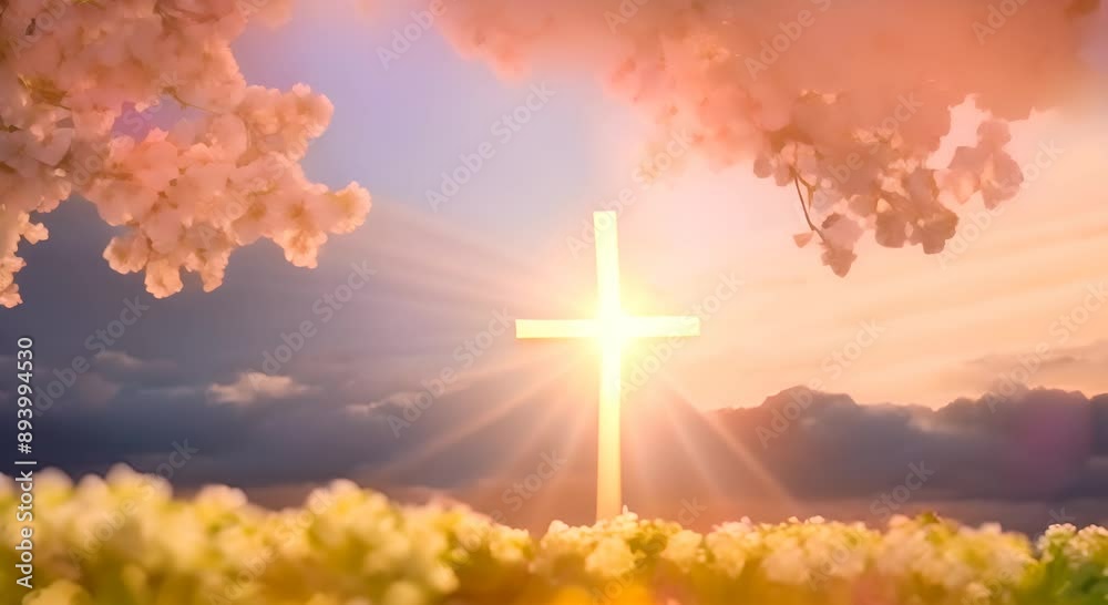 A serene cross bathed in golden Easter evening light, surrounded by blooming lilies A serene cross bathed in golden Easter evening light, surrounded by blooming lilies
