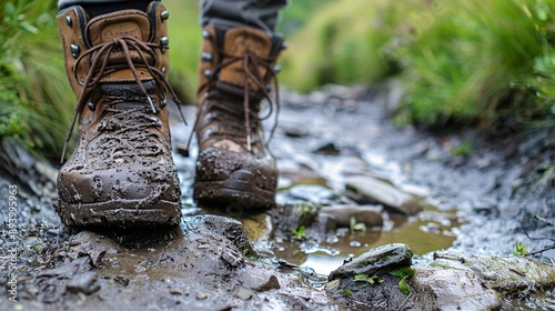 A close-up shot of muddy hiking boots on a rocky path, emphasizing the challenges and rewards of exploring the great outdoors.