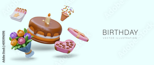 Birthday poster. Classic sweet dessert, cracker, holiday calendar, bouquet of flowers
