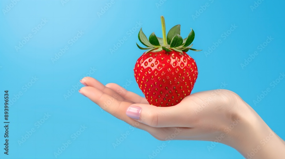 Obraz premium Hand Holding a Fresh Strawberry on a Blue Background 