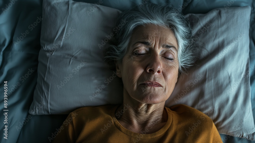 Top view depressed aged female lying in bed Top view depressed aged female lying in bed