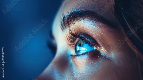 Augen in Nahaufnahme. Seitliche Ansicht von menschlichen Augen einer Frau mit Wimpern. Blaues Licht vom Bildschirm spiegelt sich in den Augen.  photo