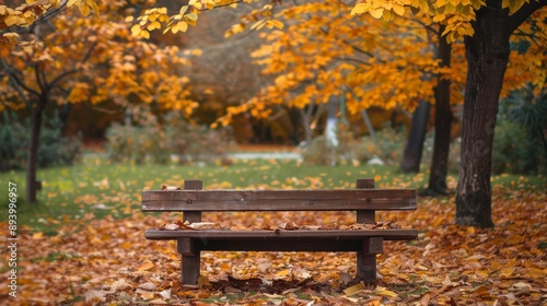 Eine Parkbank im Herbst mit braunen Blättern. Der goldene Herbst bei einem Spaziergang im Park. photo