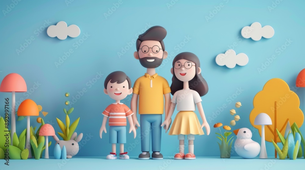 Fototapeta premium happy family consisting of two parents and two children, all standing together in a cheerful pose, with colorful and simplistic geometric shapes