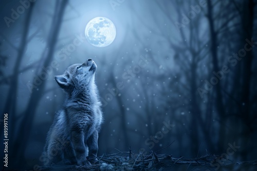 A small dog or little wolf is looking up at the moon in the sky