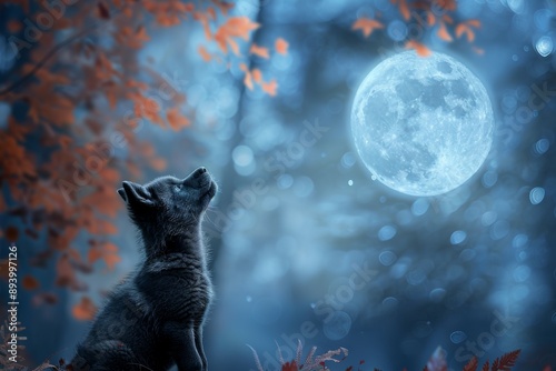 A black dog or little wolfis looking up at the moon in the sky photo