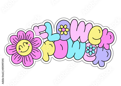 Abstract drawing for t-shirts. Background with flowers,  words Flower power, cool patches, stickers, quote. Design for teen girls. Fashion illustration in modern style for girlish print