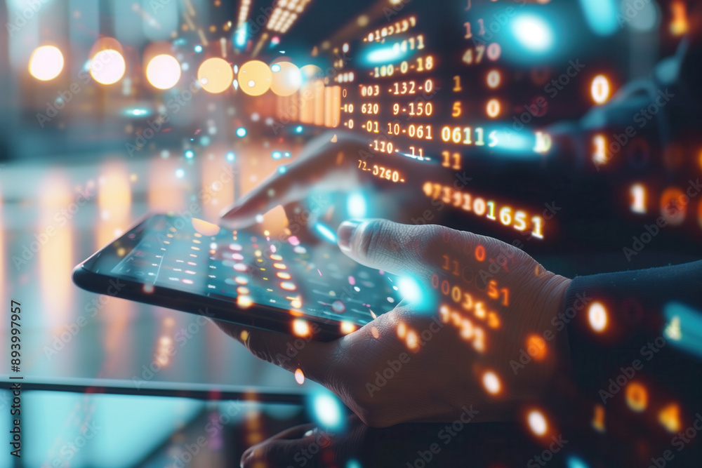 A person's hands interacting with a tablet screen displaying numerous numbers and data, representing information that needs to be analyzed. A person's hands interacting with a tablet screen displaying numerous numbers and data, representing information that needs to be analyzed.
