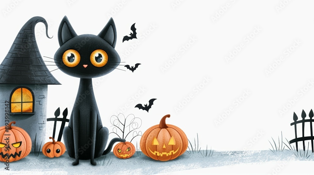 A black cat is sitting in front of a house with a spooky Halloween theme A black cat is sitting in front of a house with a spooky Halloween theme