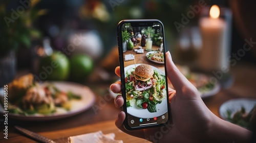 A Hand Holding a Smartphone Taking a Photo of a Gourmet Burger