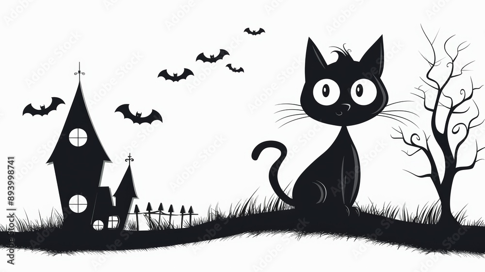 A black cat is sitting on a grassy hill next to a house with bats flying in the A black cat is sitting on a grassy hill next to a house with bats flying in the