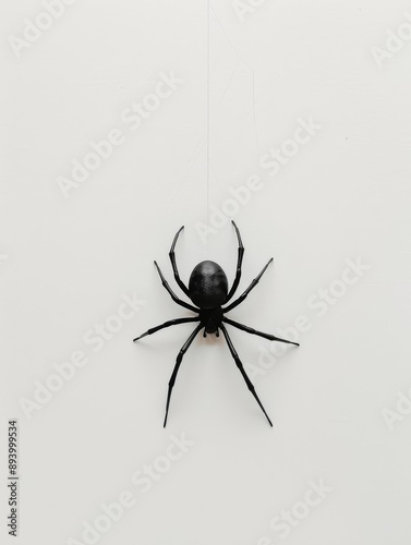 A black spider is hanging from string