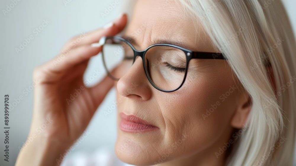 Close up exhausted mature woman suffering from eye strain, holding glasses, touching massaging nose bridge, tired stressed middle aged female feeling unwell Close up exhausted mature woman suffering from eye strain, holding glasses, touching massaging nose bridge, tired stressed middle aged female feeling unwell