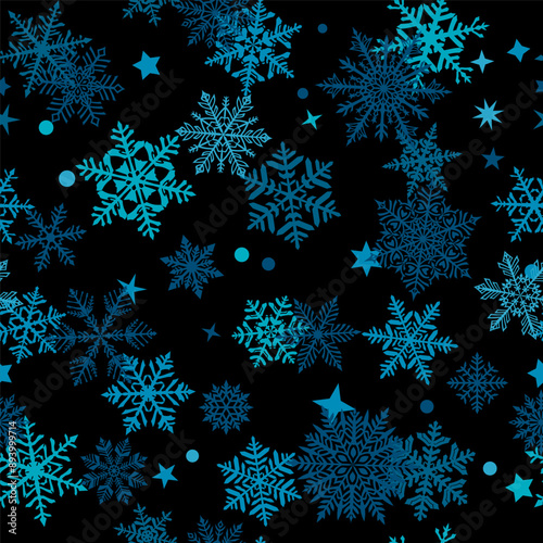 Christmas seamless pattern of beautiful complex blue snowflakes on black background. Winter illustration with falling snow.