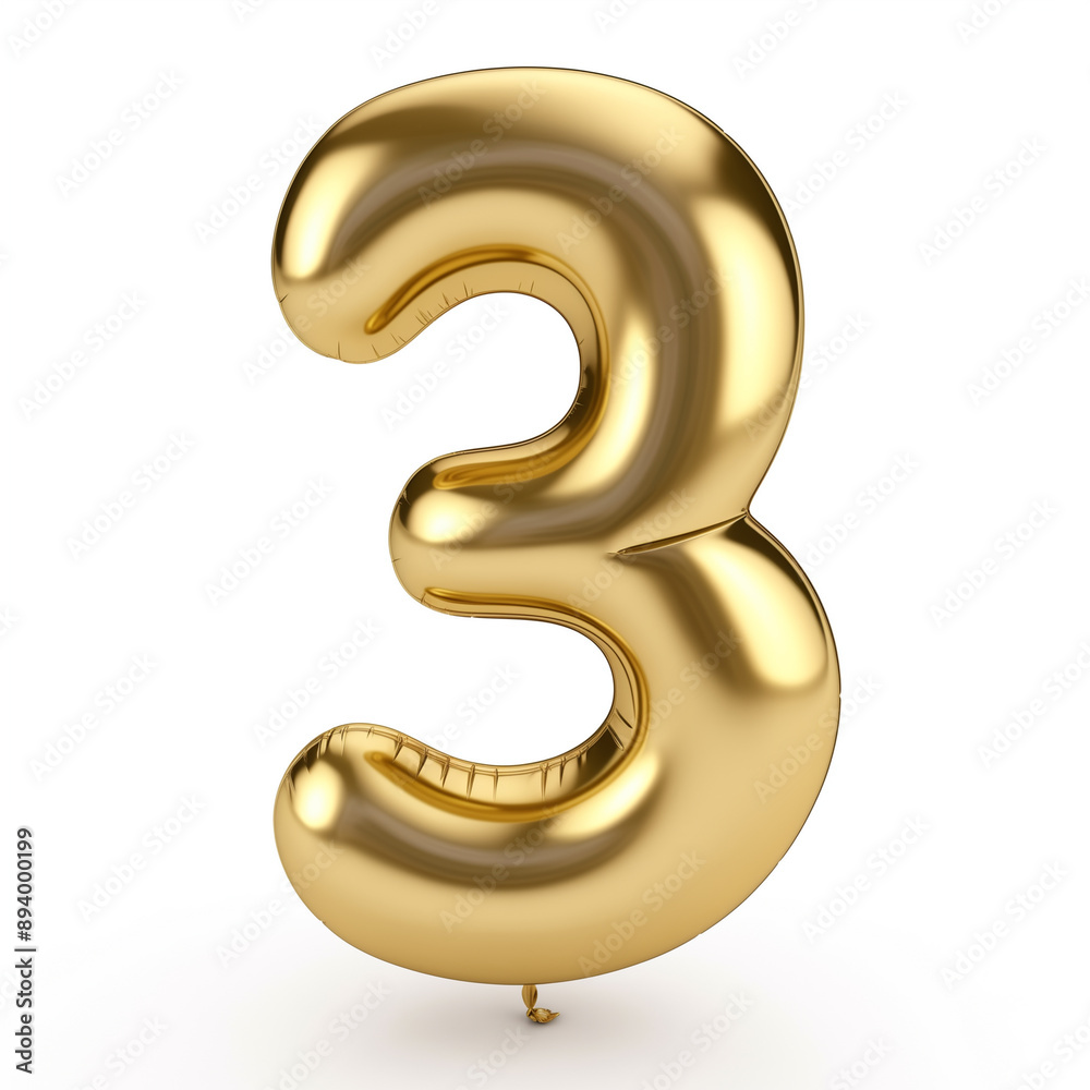 Character '3' made of gold balloon, sharp outline, isolated on white background Character '3' made of gold balloon, sharp outline, isolated on white background
