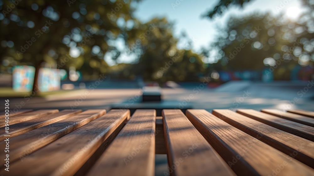 close up of empty wooden table with blurred skateboard park background close up of empty wooden table with blurred skateboard park background