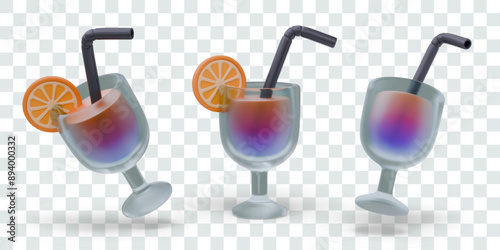 Rainbow cocktail with slice of orange. Festive drink for holiday. Realistic glasses