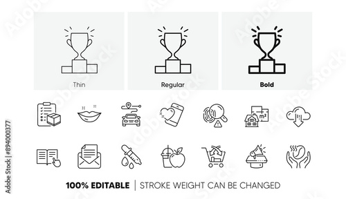 Juice, Heart and Fingerprint line icons. Pack of Parcel checklist, Winner podium, Megaphone icon. Mail correspondence, Cross sell, Cloud download pictogram. Coffee, Journey, Floor plan. Vector