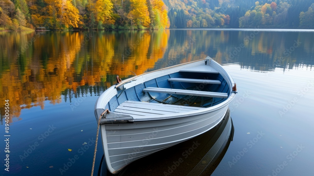 Obraz premium A small boat sits in a lake with a beautiful reflection of the trees and sky
