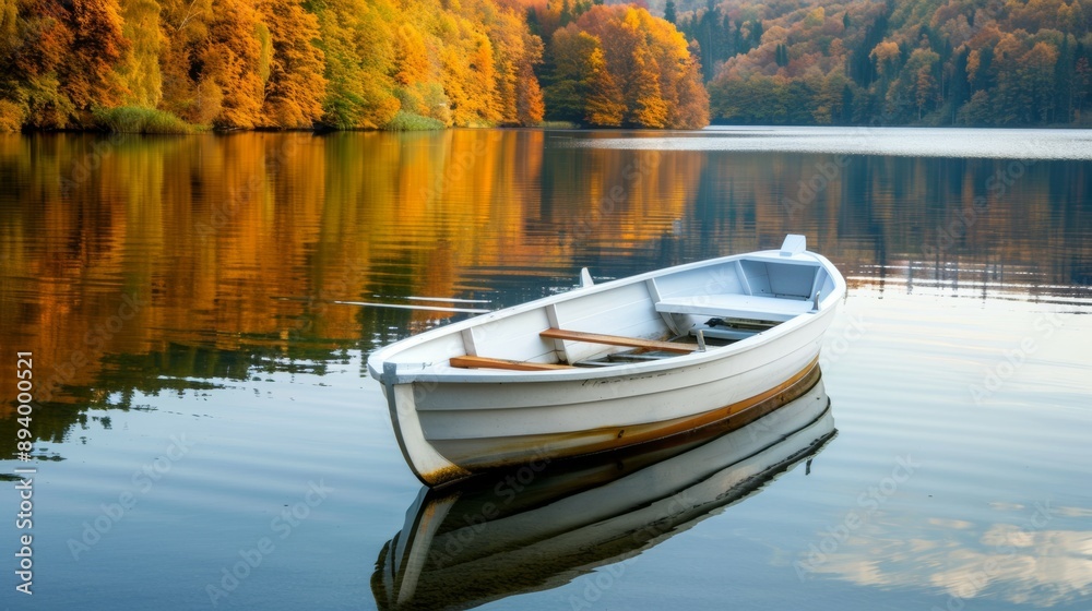 Obraz premium A small white boat sits in a lake with trees in the background