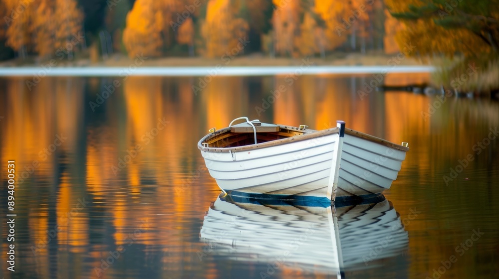 Obraz premium A small white boat sits in the water, reflecting the trees and the sky