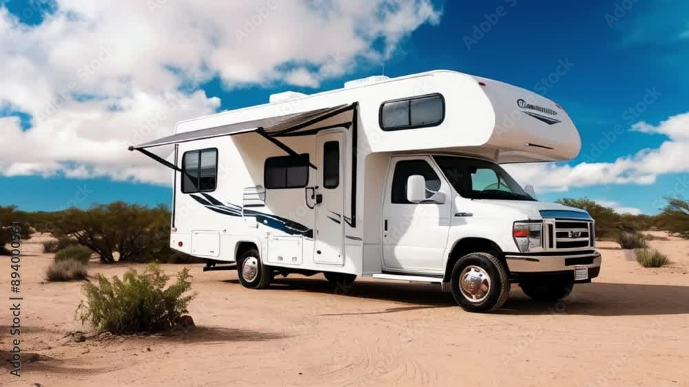 A white camper van parked on a beach offers a mobile home for a relaxing camping vacation created with generative ai. A white camper van parked on a beach offers a mobile home for a relaxing camping vacation created with generative ai.