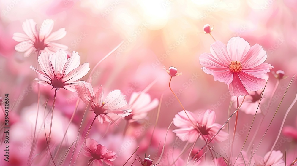 Pink cosmos flowers bloom in field. Perfect for designs about nature, beauty, and springtime. Pink cosmos flowers bloom in field. Perfect for designs about nature, beauty, and springtime.
