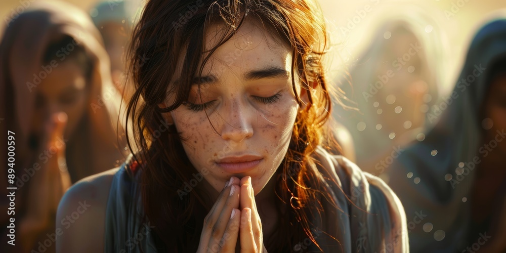 Fototapeta premium Young woman praying, closeup. Biblical character