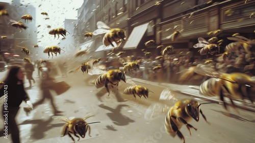 Depict killer bees swarming and approaching the viewer at high speed, with dramatic motion blur. The setting is a city street in the 1970s.