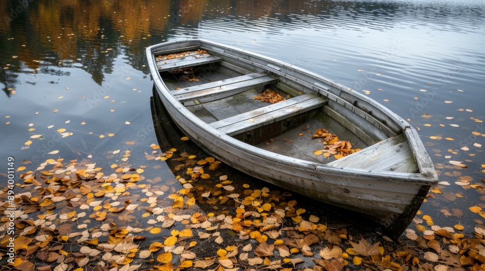 Obraz premium A boat sits in a lake with leaves floating on the surface