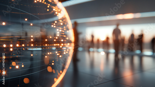 Abstract digital globe with glowing connections, blurred businesspeople in background, futuristic technology and global network concept, dynamic light effects