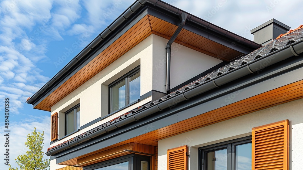 Modern House with Black Gutters and Wooden Accents Modern House with Black Gutters and Wooden Accents
