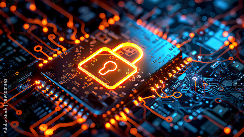 Neon orange lock on a circuit board representing cybersecurity, digital technology encryption security, data protection Neon orange lock on a circuit board representing cybersecurity, digital technology encryption security, data protection