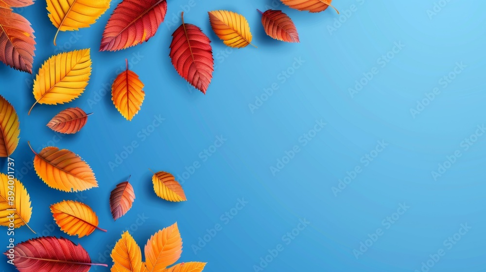 Obraz premium A blue background with a lot of orange leaves scattered around it
