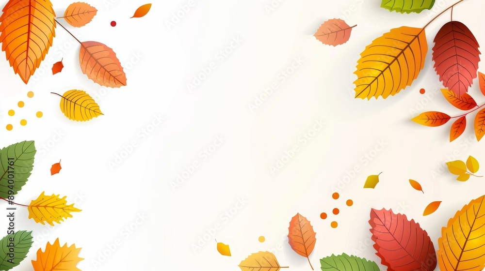 Fototapeta premium A white background with a colorful autumn leaf border