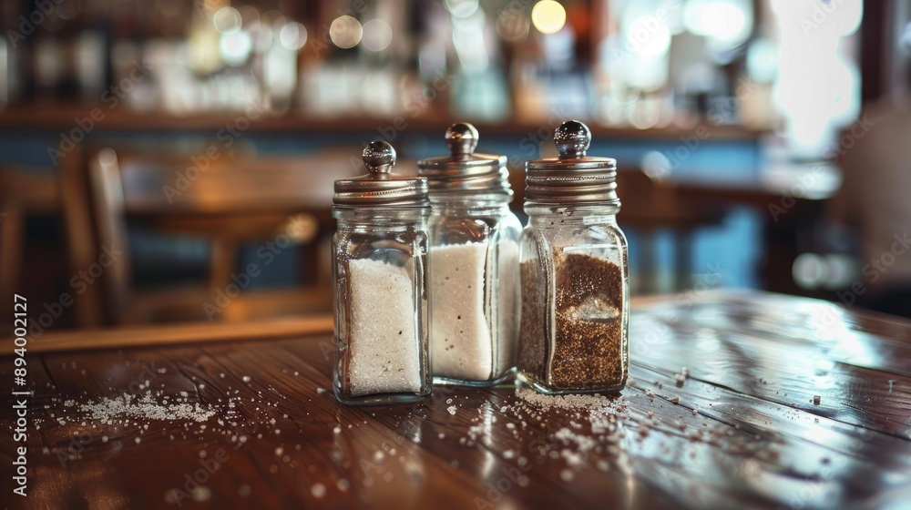 Cafe or restaurant table decorations with sugar salt and pepper Blank space for adding text Cafe or restaurant table decorations with sugar salt and pepper Blank space for adding text