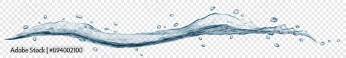 Long translucent curved water wave in gray color, with small drops, isolated on transparent background. Transparency only in vector file