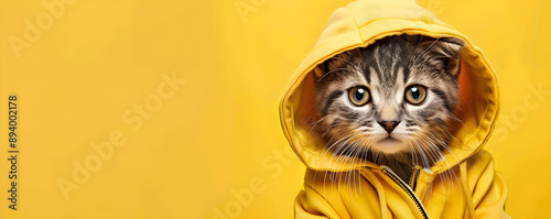 Adorable kitten in a trendy yellow hoodie, perfect for pet lovers and e-commerce. Ideal for marketing, social media, and seasonal campaigns. Copy space available.