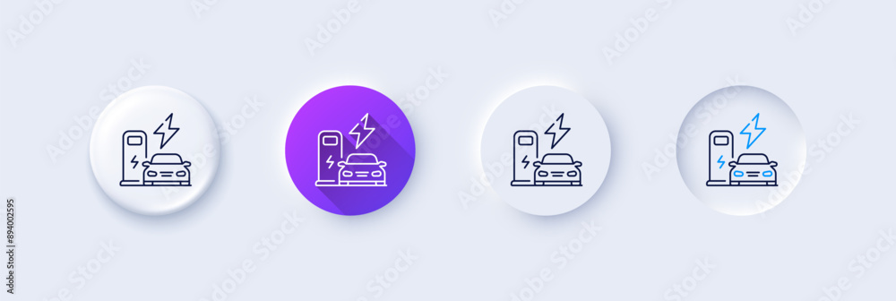 Charging station line icon. Neumorphic, Purple gradient, 3d pin buttons. Car charger sign. Electric power symbol. Line icons. Neumorphic buttons with outline signs. Vector Charging station line icon. Neumorphic, Purple gradient, 3d pin buttons. Car charger sign. Electric power symbol. Line icons. Neumorphic buttons with outline signs. Vector