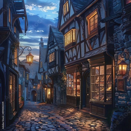 magical wizard shopping street at twilight quaint tudorstyle buildings with glowing shop windows line a cobblestone alley warm lantern light creates an enchanting atmosphere of wonder and mystery photo