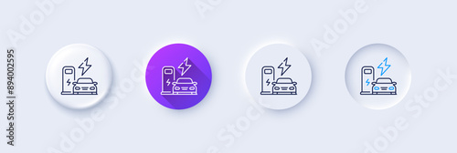 Charging station line icon. Neumorphic, Purple gradient, 3d pin buttons. Car charger sign. Electric power symbol. Line icons. Neumorphic buttons with outline signs. Vector