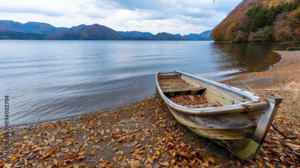 Obraz premium A boat is sitting on the shore of a lake