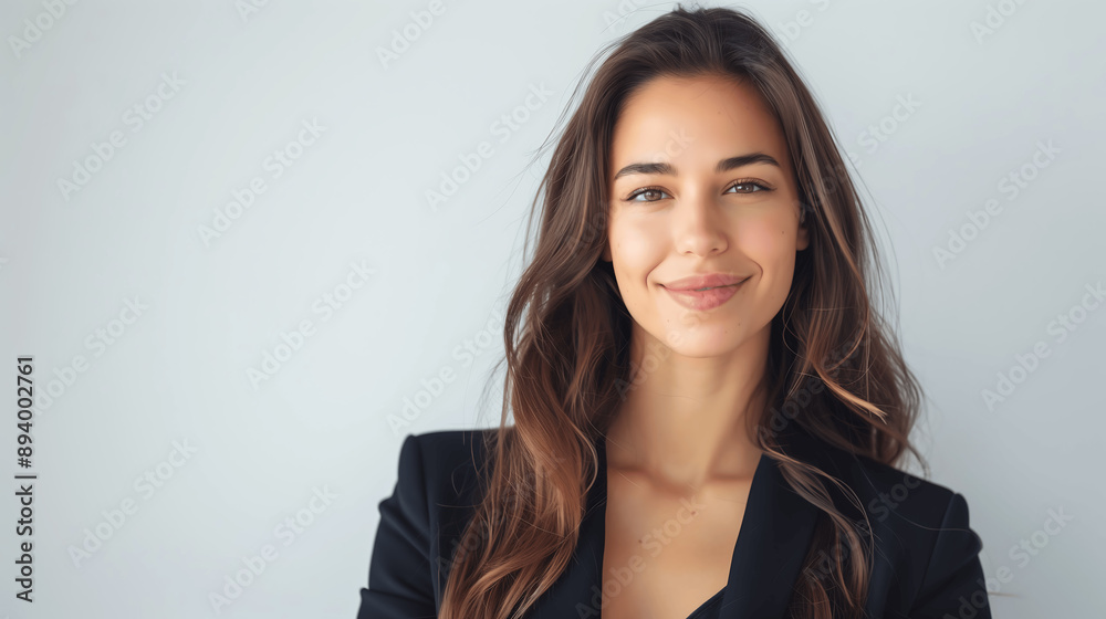 Portrait of a young woman with a serene smile, wearing a black blazer and light makeup, standing against a soft, neutral background Portrait of a young woman with a serene smile, wearing a black blazer and light makeup, standing against a soft, neutral background