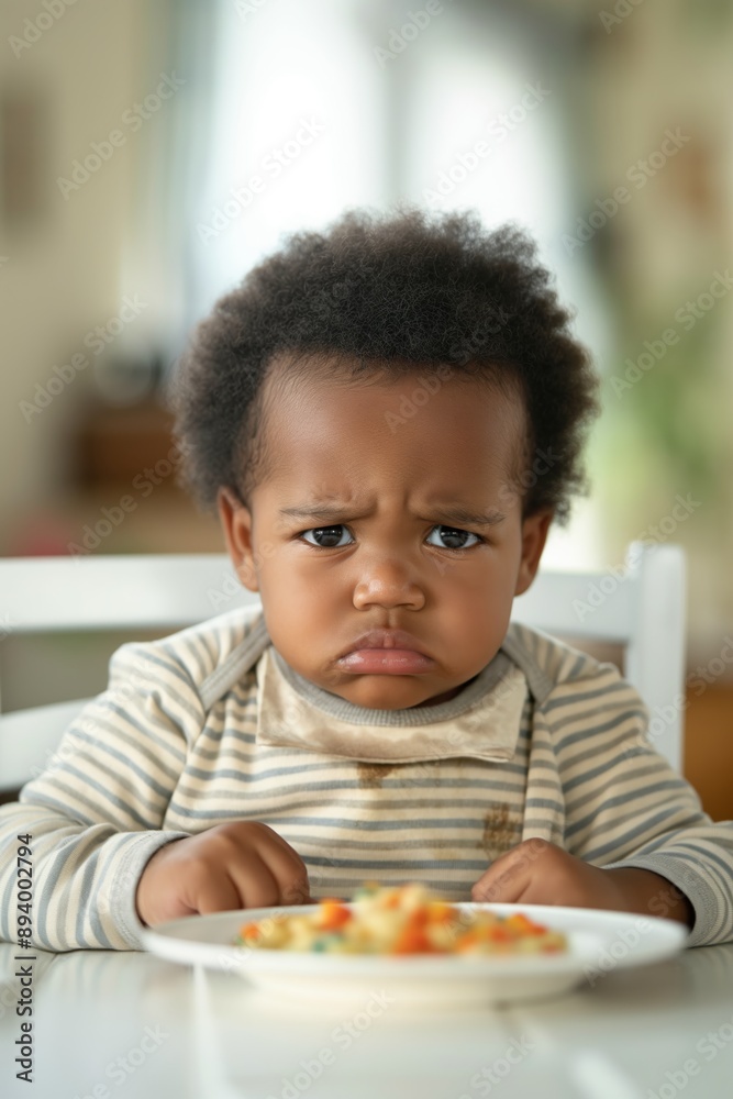 A black toddler sitting on a chair with a dissatisfied face because of the food. Child wearing a striped shirt with a plate of food that she dislikes. A black toddler sitting on a chair with a dissatisfied face because of the food. Child wearing a striped shirt with a plate of food that she dislikes.