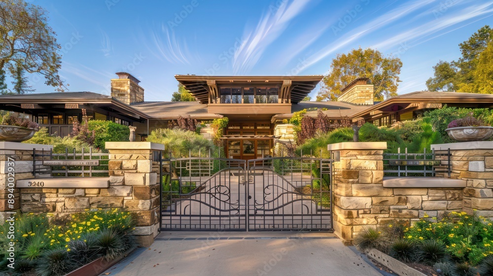 Charming Craftsman home with a wrought iron gate in the front, providing a classic and secure entryway under a clear sky Charming Craftsman home with a wrought iron gate in the front, providing a classic and secure entryway under a clear sky