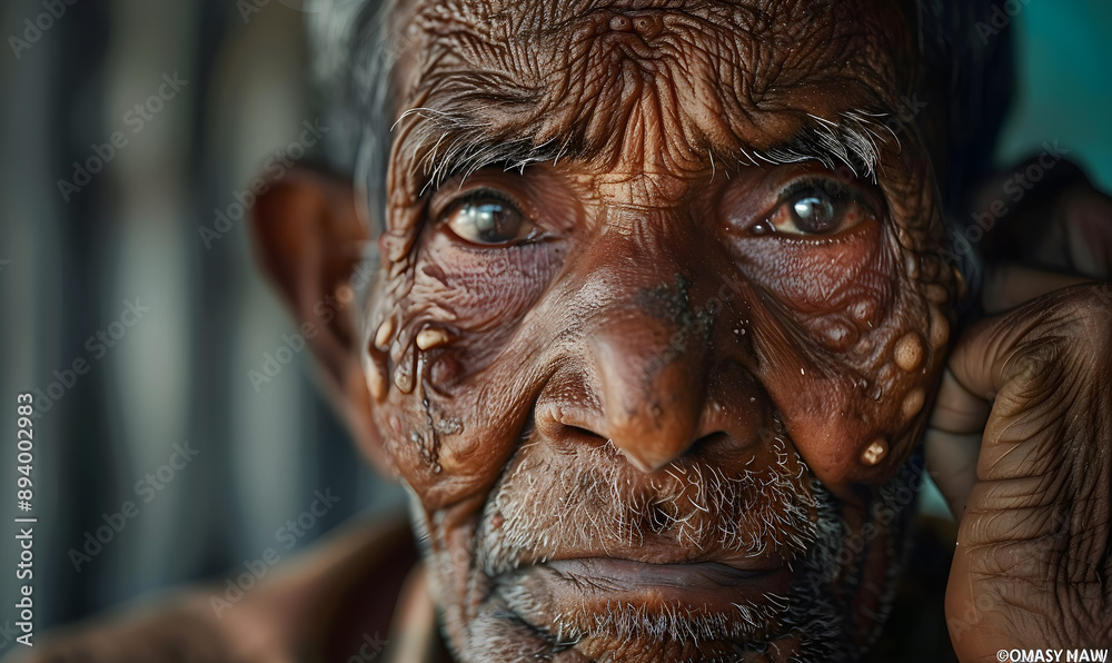 Captivating close-up portrait of a weathered elder, expressing deep emotion and resilience. Ideal for healthcare, cultural awareness campaigns, and social issues discussions.
