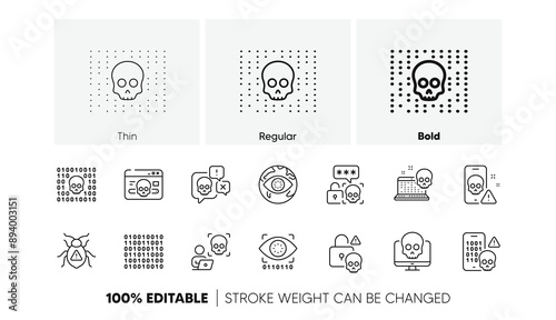 Phishing risk, Data ransomware, Binary code. Cyber attack line icons. Hacker attack, Virus secure, Malware bug outline icons. Cyber crime, Safe password and Data phishing. System hacking skull. Vector