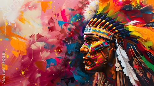 Indigenous man on multicolored background. Indigenous man wearing headdress